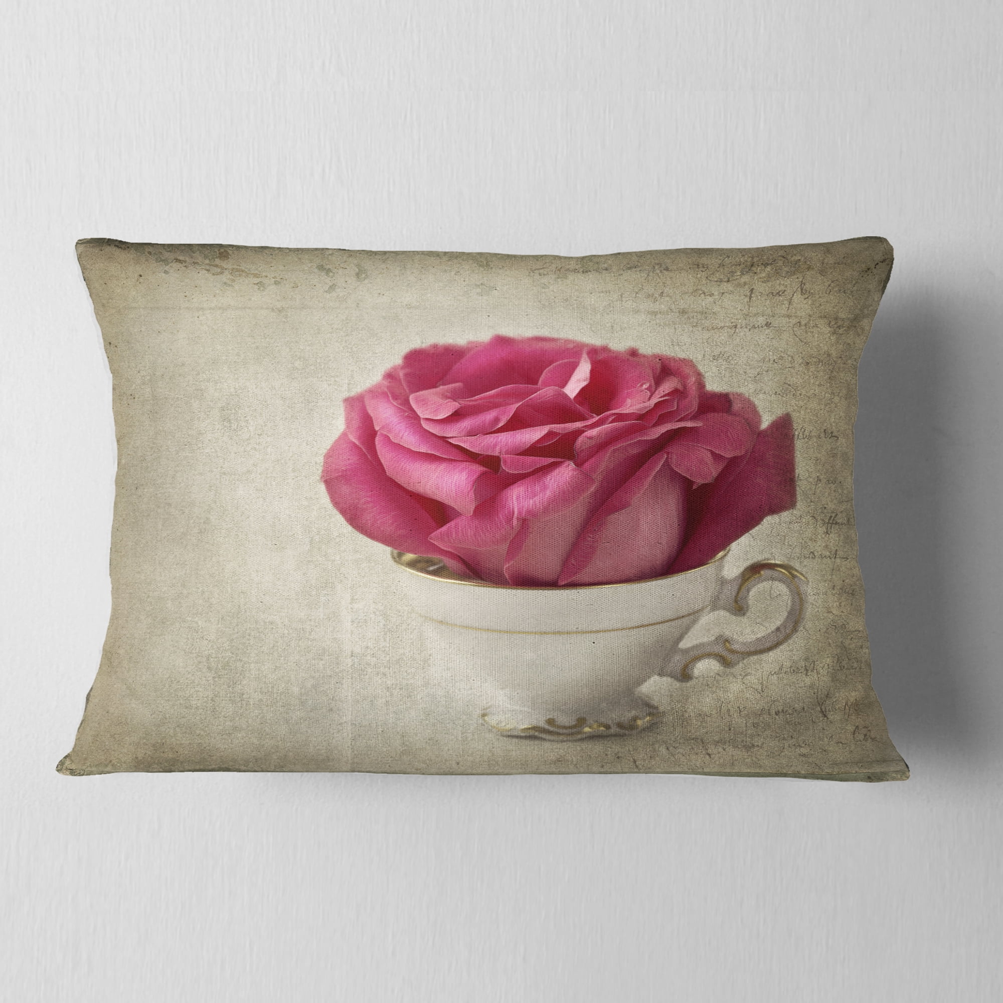 Designart Red Rose in Cup Photography - Floral Throw Pillow - 12x20