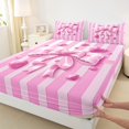 thumbnail image 3 of Manfei Girls Pink Ribbon Bowknot Twin Sheet Sets 3pcs,Geometric Stripes Twin Fitted Sheet Microfiber,Dreamy Princess Breathable Flat Sheet,Microfiber Bedroom Decor, 3 of 7