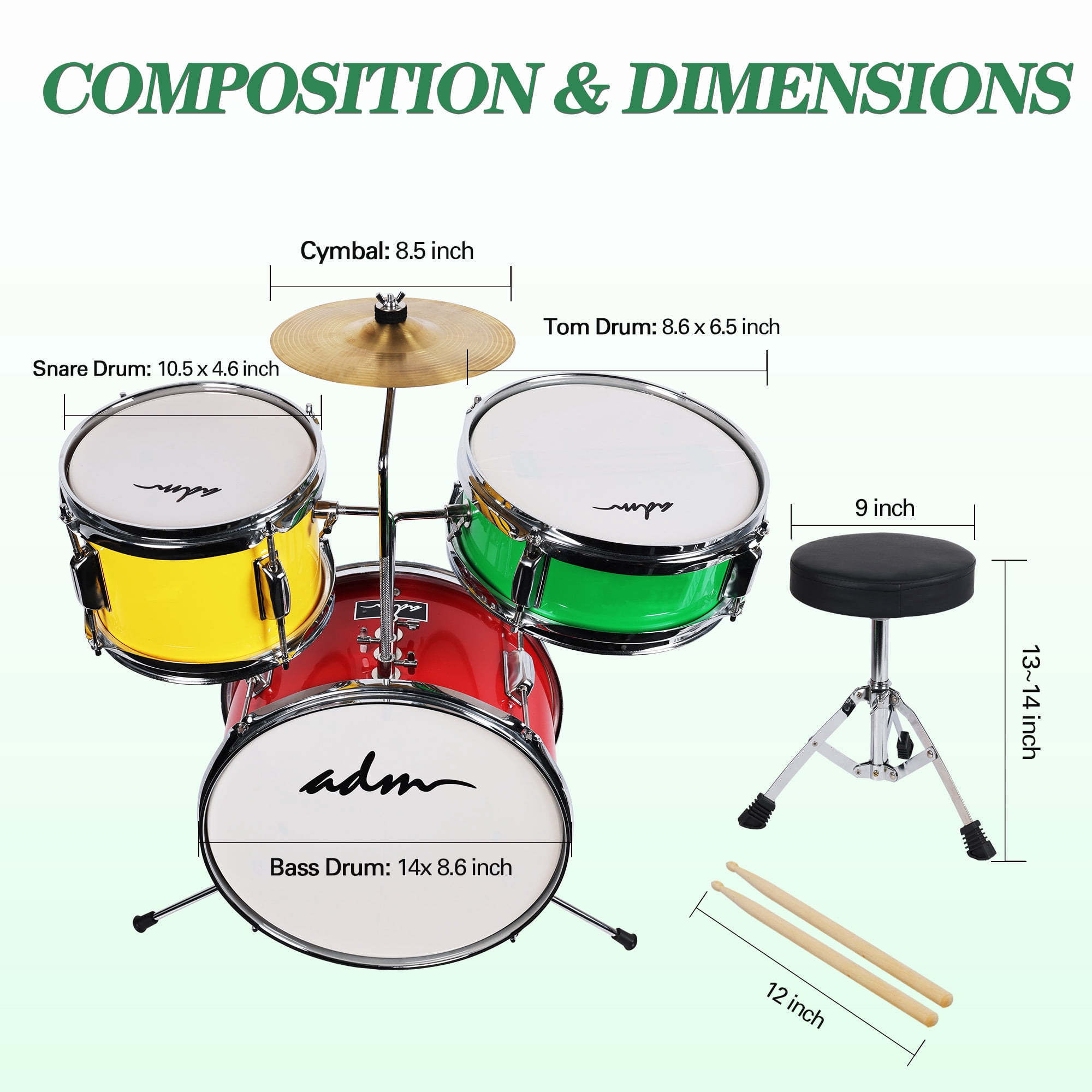 ADM 3-Piece Junior Drum Set for Kids Beginners, Kids Drum Kit with Full set of silent mats, Adjustable Throne, Cymbal, Pedal & Drumsticks - Red, Yellow, Green
