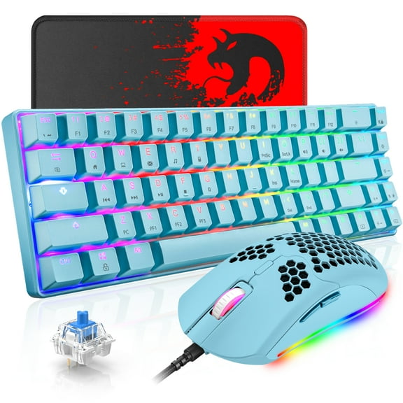 60% Mechanical Gaming Keyboard Blue Switch Mini 68 Keys Wired Type C Chroma RGB 18 Backlit Effects,Lightweight Gaming Mosue 6400DPI Honeycomb Optical,Gaming Mouse Pad for Gamers and Typists(Blue)
