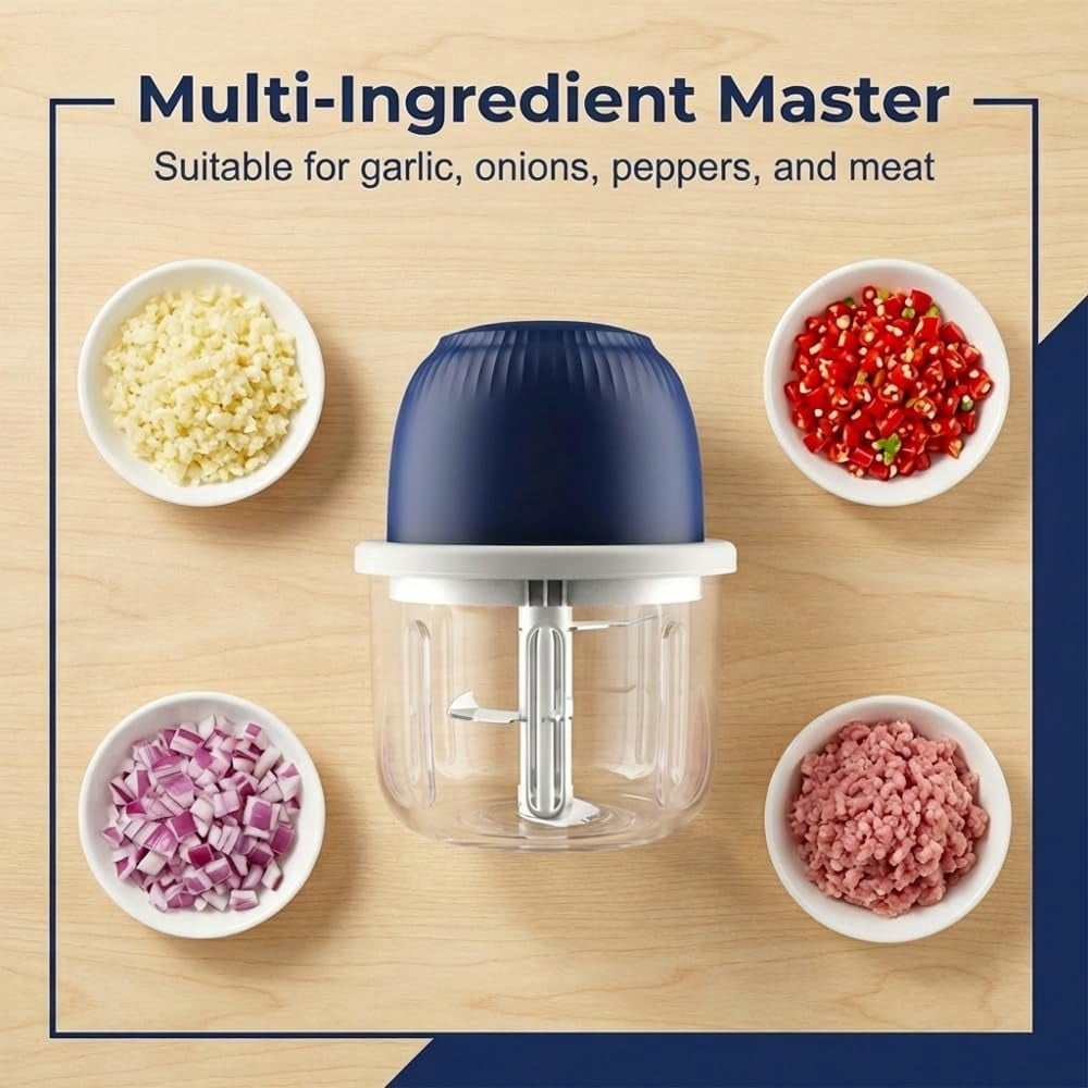 ABCISI Electric Garlic Chopper, Portable Mini Food Processor, Upgrade Cordless Chopper for Home Cooking, Rechargeable Onion Chopper for Kitchen Users (1 * Blue)