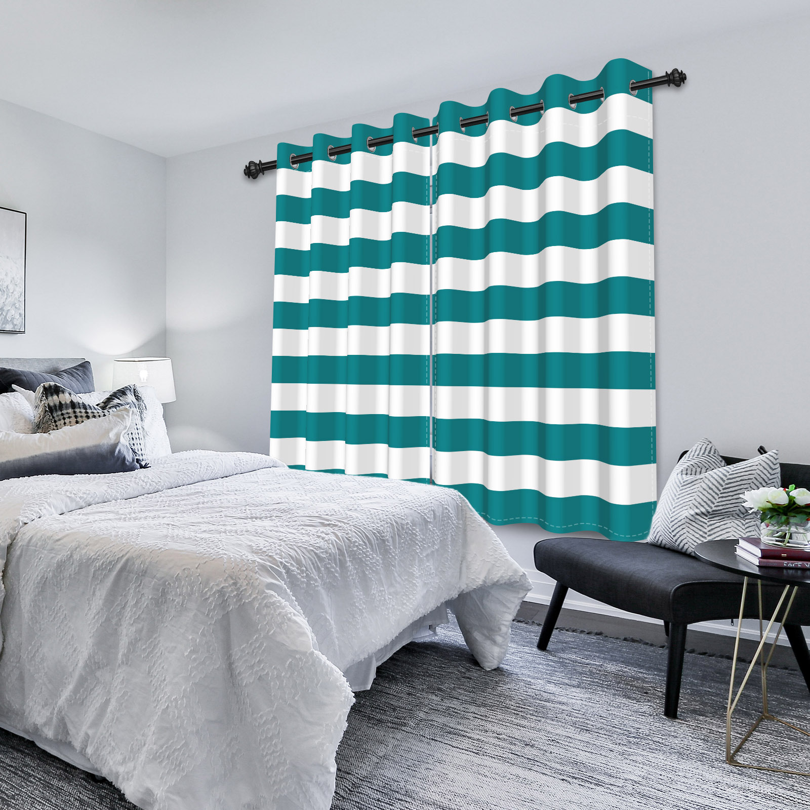 Nanqianyi Dark Blue White Striped Blackout Curtains for Bedroom Living Room, 52"W x 63"L, Thermal Insulated Grommet Window Drapes 2 Panels