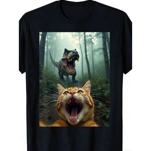 【New Arrival】Funny Selfie Cat With Background T-Rex Forest Graphic T-Shirt, Soft Cotton Crew Neck Short Sleeve Tee, Casual Humor Streetwear Novelty Gift For Cat Dinosaur Lovers