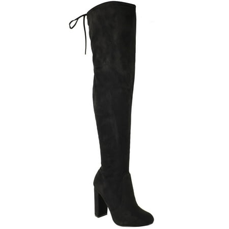 

Womens Ladies Thigh High Boots Over The Knee Stretch Party Block Mid Heel