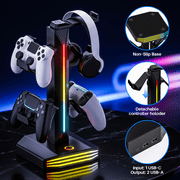 RGB Headphone Stand 9 Light Modes, Game Controller Holder for Desk Headset Stand 2 USB Charging and 1 Type-C Gamepad Earphone Accessories