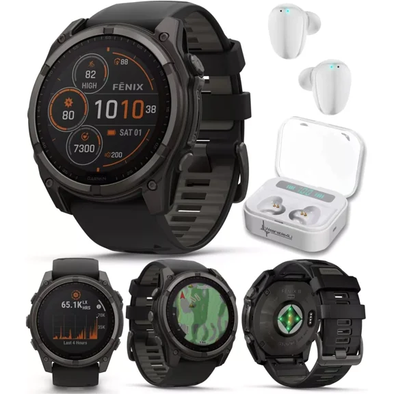Garmin Fenix 8 - 51 mm, Solar, Sapphire, Carbon Gray DLC Titanium with Black/Pebble Gray Silicone Band GPS Smartwatch with White Earbuds
