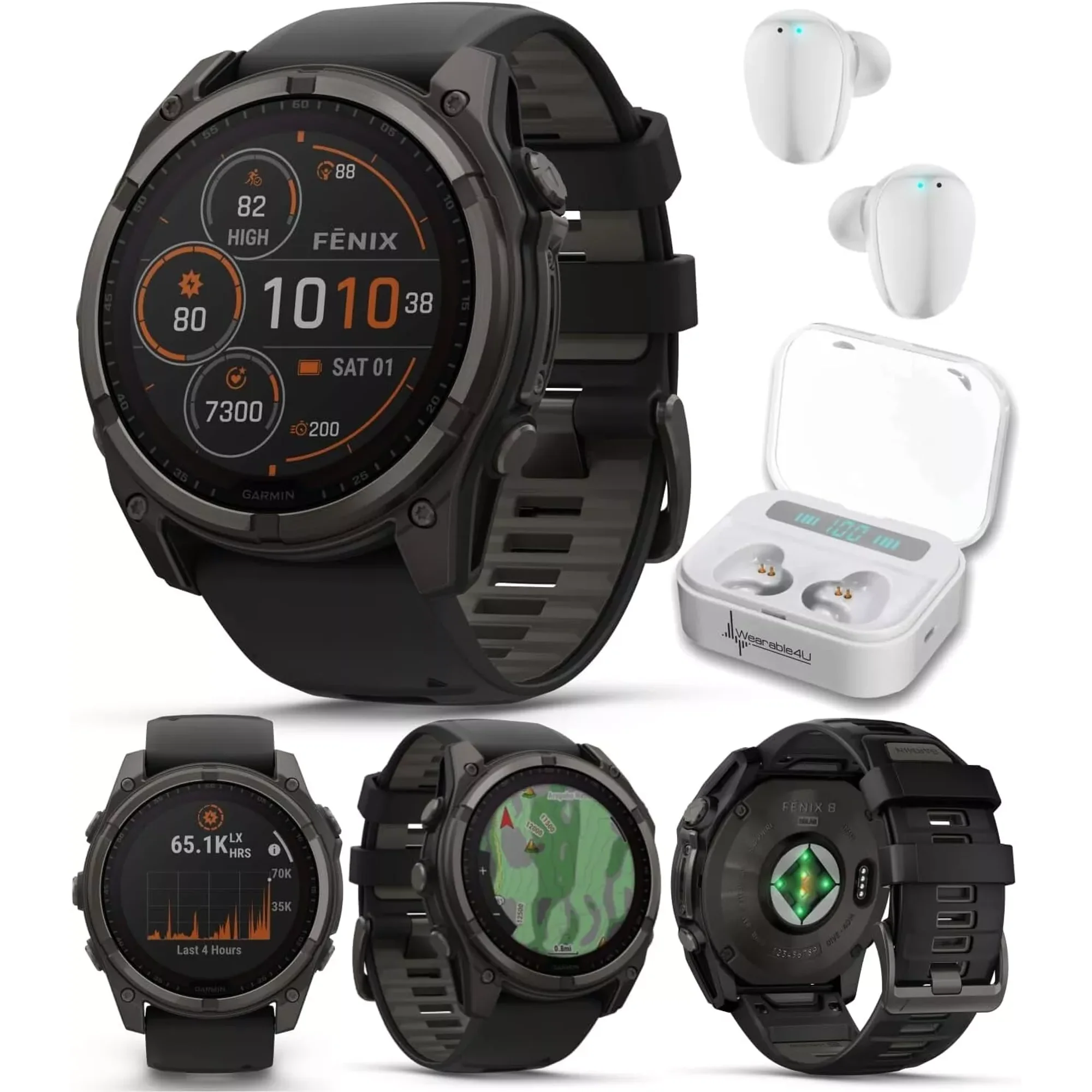 Garmin Fenix 8 - 51 mm, Solar, Sapphire, Carbon Gray DLC Titanium with Black/Pebble Gray Silicone Band GPS Smartwatch with White Earbuds