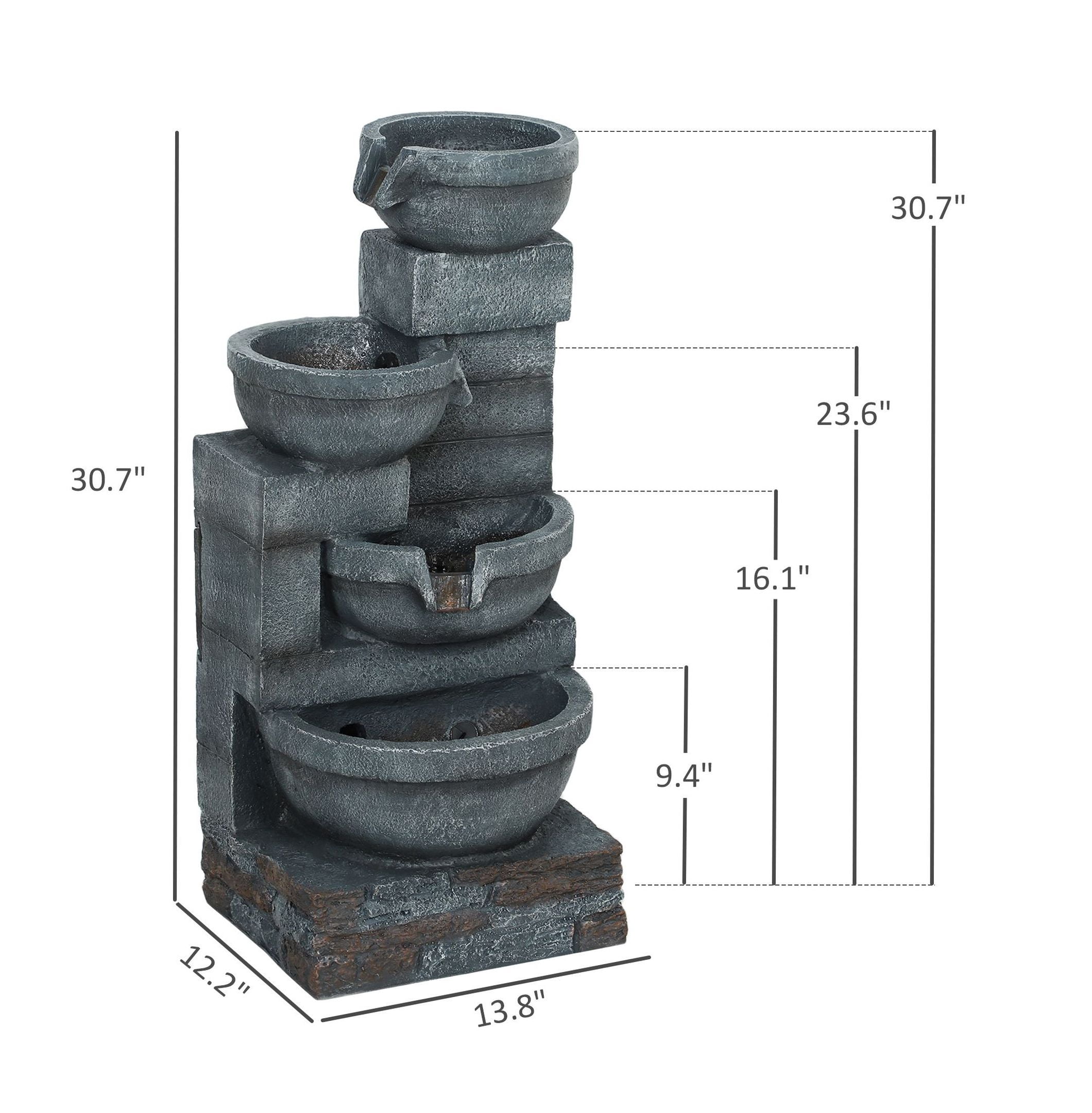Outdoor Water Fountain 30" LED, 4-Tier Cascading Fountain for Garden, Patio, Backyard - Resin Waterfall Feature with Pump, Gray