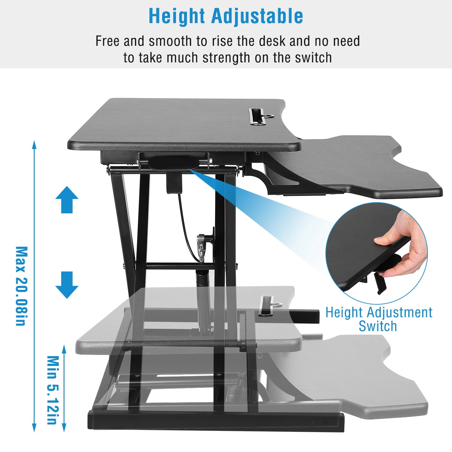 Zorpupoa Height Adjustable Sit Stand Desk Converter for Dual Monitor, 5.12-20.08 in, Black