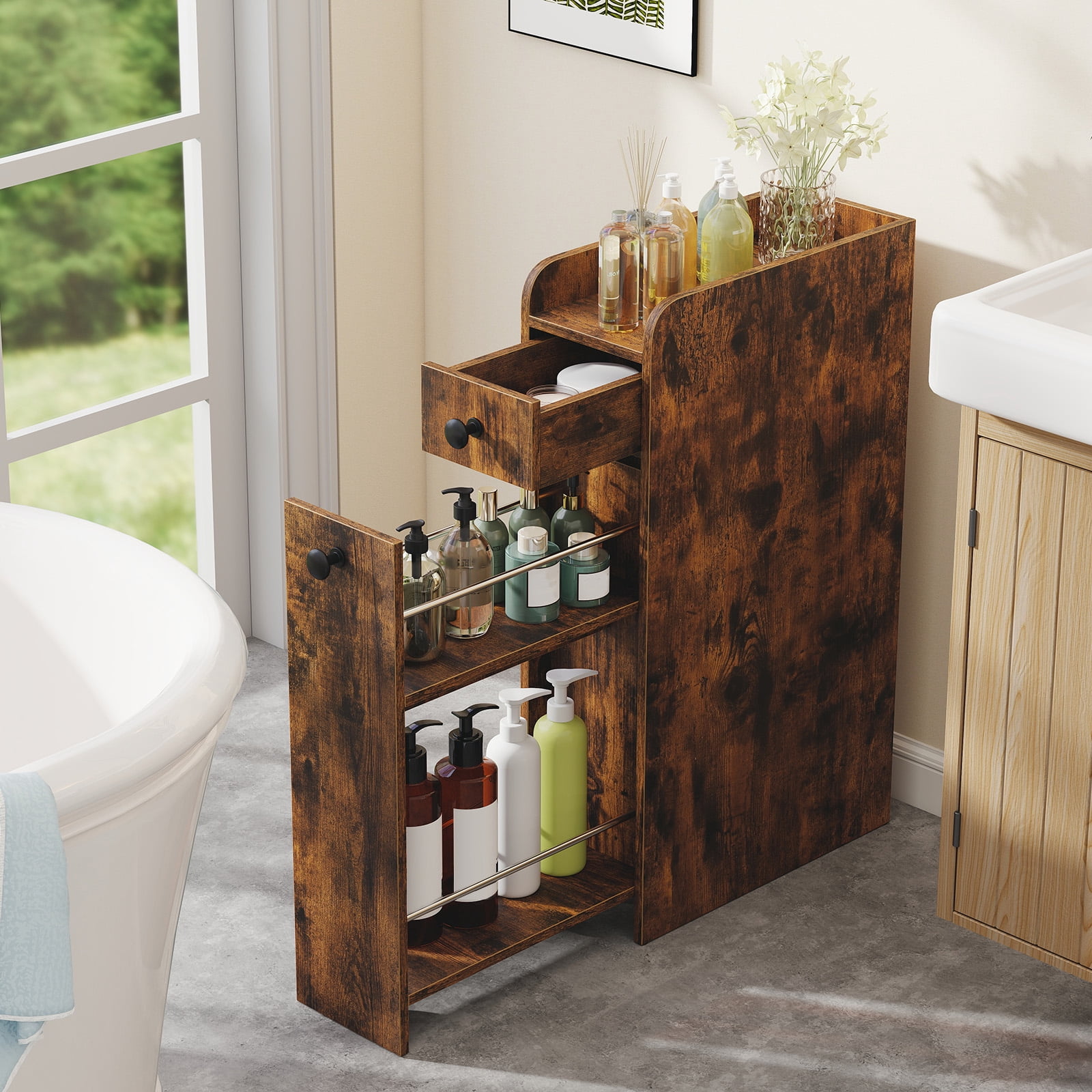 Costway Slim Bathroom Storage Cabinet with Slide Out Drawer Spacious Top Rolling Wheels Rustic Brown