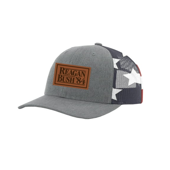 Trenz Shirt Company Political Reagan Bush '84 Embroidered Leather Patch Trucker Snapback Hat- Heather Grey/USA