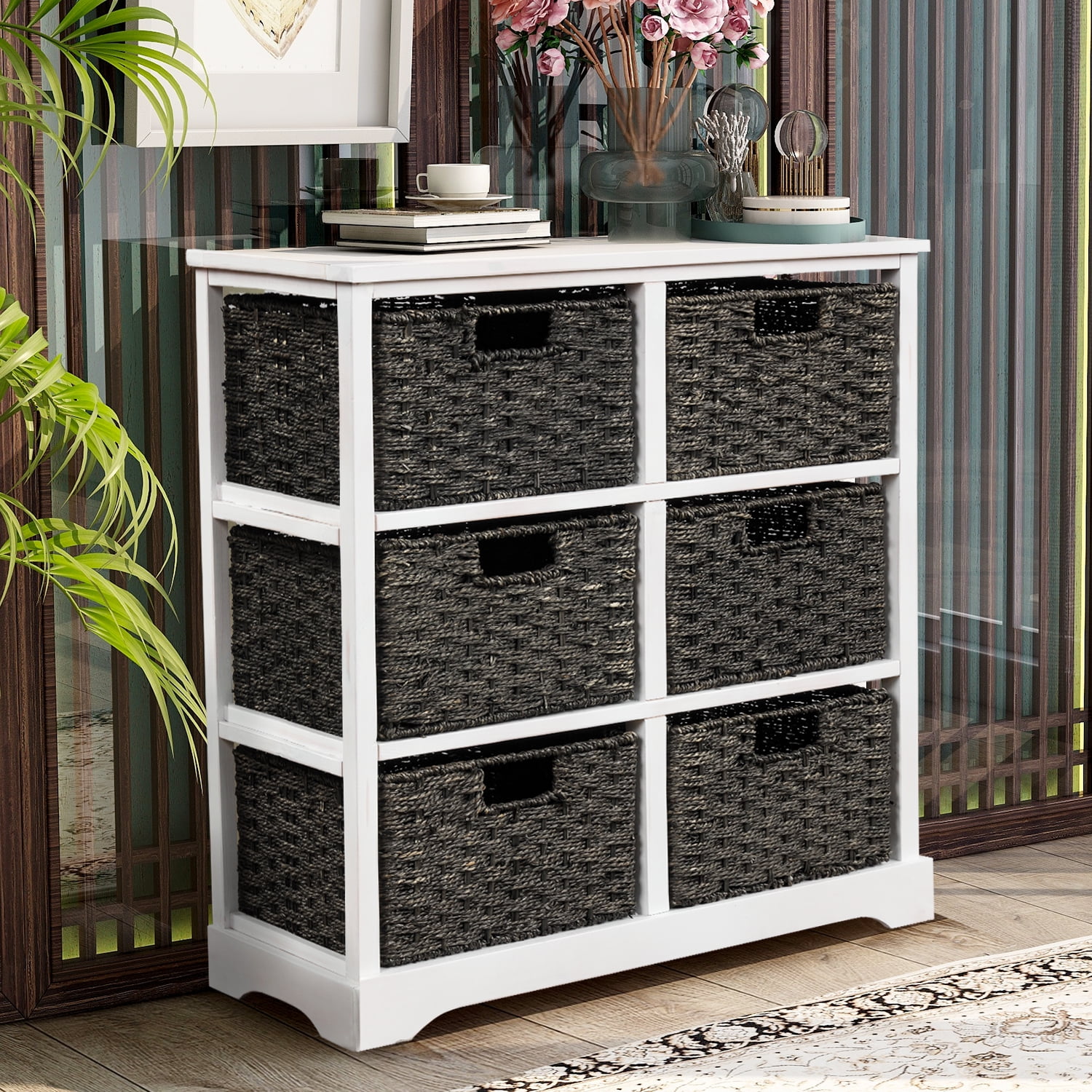 Storage Chest Storage Cabinet with 6 Rattan Baskets, Shoe Bench for