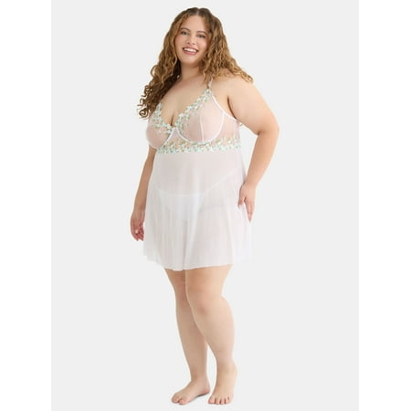 Just Sexy Lingerie Womens and Womens Plus Embroidered Babydoll with Mesh G-String  Sizes S-3X