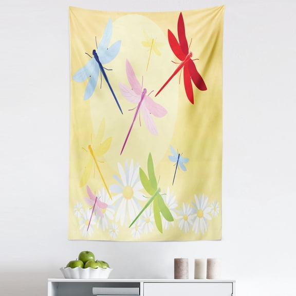 Dragonfly Tapestry, Flower Field in Spring Season with Chamomiles and Sun on the Back Graphic, Fabric Wall Hanging Decor for Bedroom Living Room Dorm, 5 Sizes, Multicolor, by Ambesonne