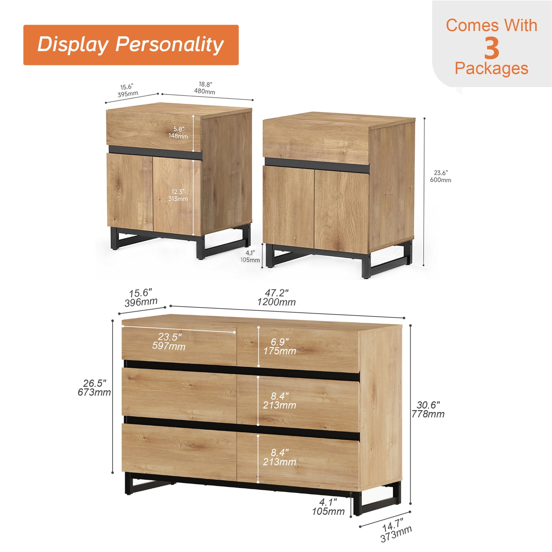 WAMPAT Modern 3-Piece Bedroom Furniture Set, 47 Inch Dresser with 6 Drawers & 2 Nightstands with Drawer and Cabinet Design, Oak