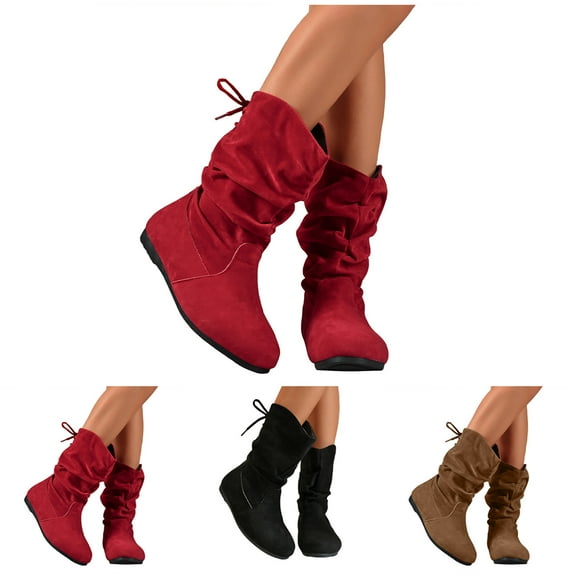 Pandaie Women's Slouchy Mid Calf Boots Suede Low Heel Slip on Western Ankle Flat Booties Outdoor Casual Winter Riding Walking Shoes Black 6