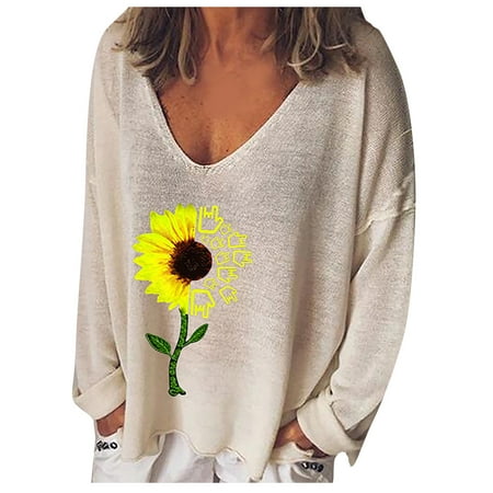 

Women Casual Print V-Neck Loose Long Sleeve T-shirt Top Blouse Plus Size Loose Fit Sweatshirt Pullover