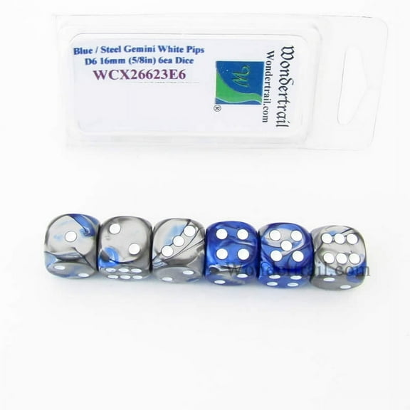 Blue and Steel Gemini Dice with White Pips D6 16mm (5/8in) Pack of 6 Wondertrail