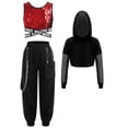 thumbnail image 2 of Hansber Kids Girls Street Hip Hop Jazz Dance Outfits 3-Piece Long Sleeve Hoodie Crop Top with Cargo Pants Set Red&Black 10, 2 of 5