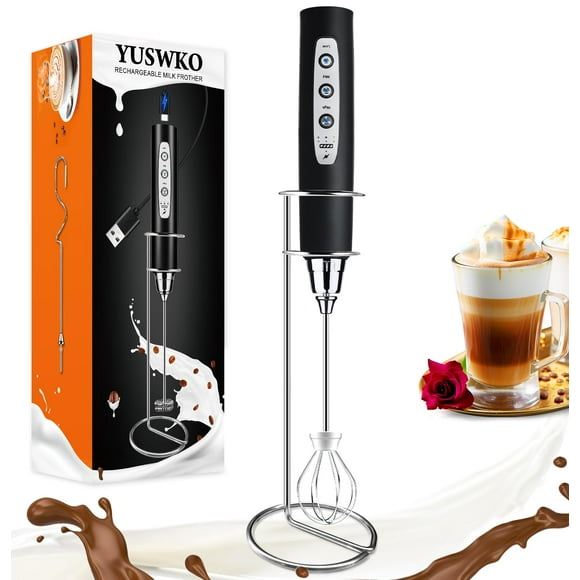 Espumador de leche YUSWKO, portátil, recargable, 3 velocidades, color negro