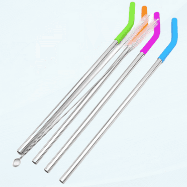 Reusable Stainless Steel Straws 12", Extra Wide 8mm, Silicone Elbows, Set of 4 with 2 Cleaning Brushes