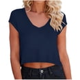 thumbnail image 2 of Oiangi Womens Short Sleeve T shirts V Neck Crop Tees Summer Loose Fit Plain Tops Navy XL, 2 of 6