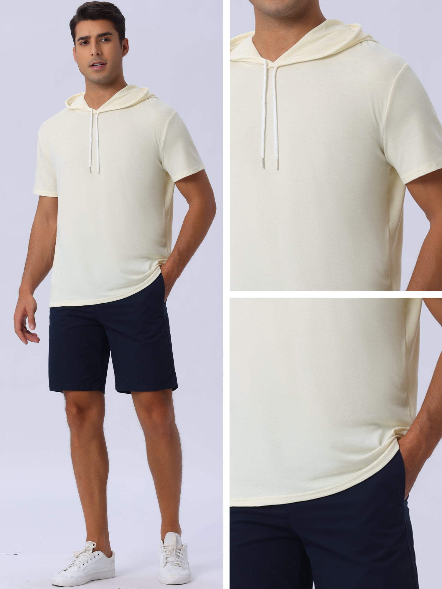 DARING DIVA Men's Casual Short Sleeve Pullover Drawstring Hooded T-Shirt M Beige
