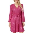 thumbnail image 1 of Diconna Robe Courte à Paillettes pour Femme, Paillettes, Manches Longues, Portefeuille, Col en V, Ceinturée, Robe de Fête, Robe Trapèze, 1 of 9