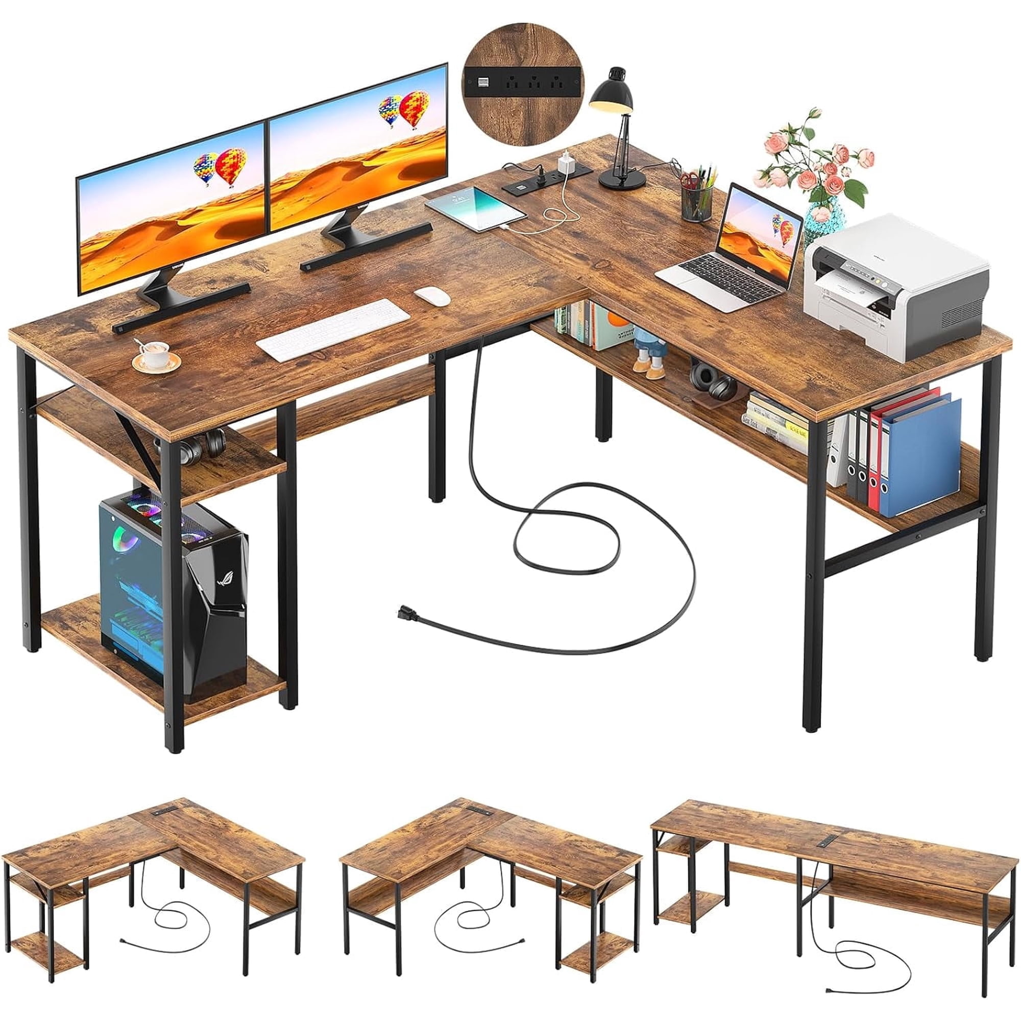 Homieasy Reversible L Shaped Desk with Magic Power Outlets and USB Charging Ports, Sturdy Corner Computer Desk with Storage Shelves, Gaming Table Home Office Desk, Easy to Assemble, Rustic Brown
