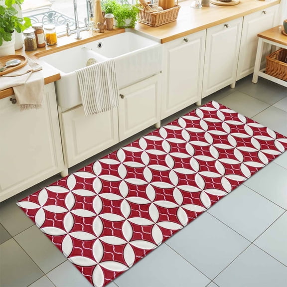 Hallway Runner Rug 2'x6', Red Geometric Kitchen Runner Rugs Non-Slip Carpet Mats, Vintage Rhombus Circle Texture Bedside Rugs Runners Washable Floor Carpet for Bathroom Laundry Room