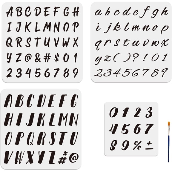 4pcs Artistic Letters Numbers Stencils Symbol Stencils 7.8×7.8/11.8×11.8inch Reusable Alphabet Templates Art Craft Stencils with Paint Brush for DIY Writing on Wood Canvas Wall T-Shirt White DIY
