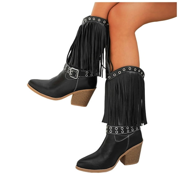 Rokment Womens Fringe Wide Mid Calf Cowboy Boots Winter Fall Fashion Buckle Leather Chunky High Heel Western Cowgirl Riding Booties