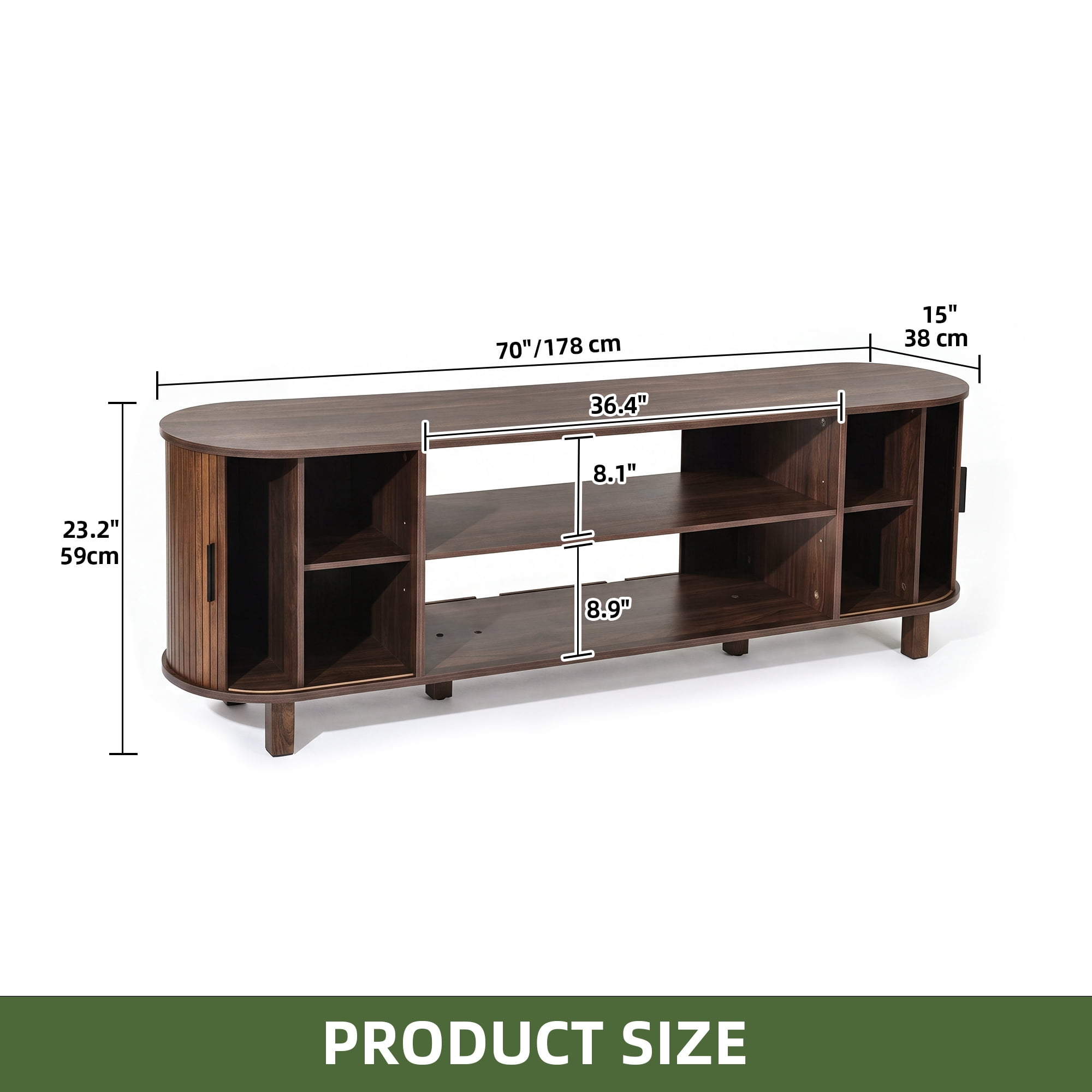 Uforic 70 Inch Mid Century Modern TV Stand with Fluted Rolling Doors and Adjustable Shelves, Fits Up to 75 Inch TV for Living Room, Walnut