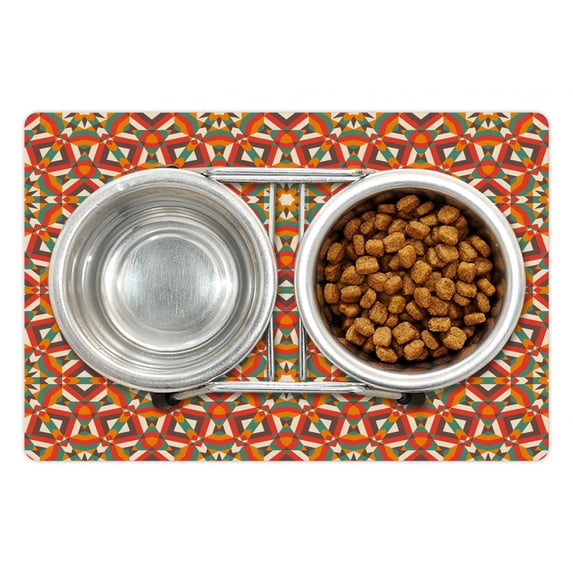Geometric Pet Mat for Food and Water, Traditional Damask Pattern Abstract Retro Symmetrical Oriental Design, Non-Slip Rubber Mat for Dogs and Cats, 18" X 12", by Ambesonne
