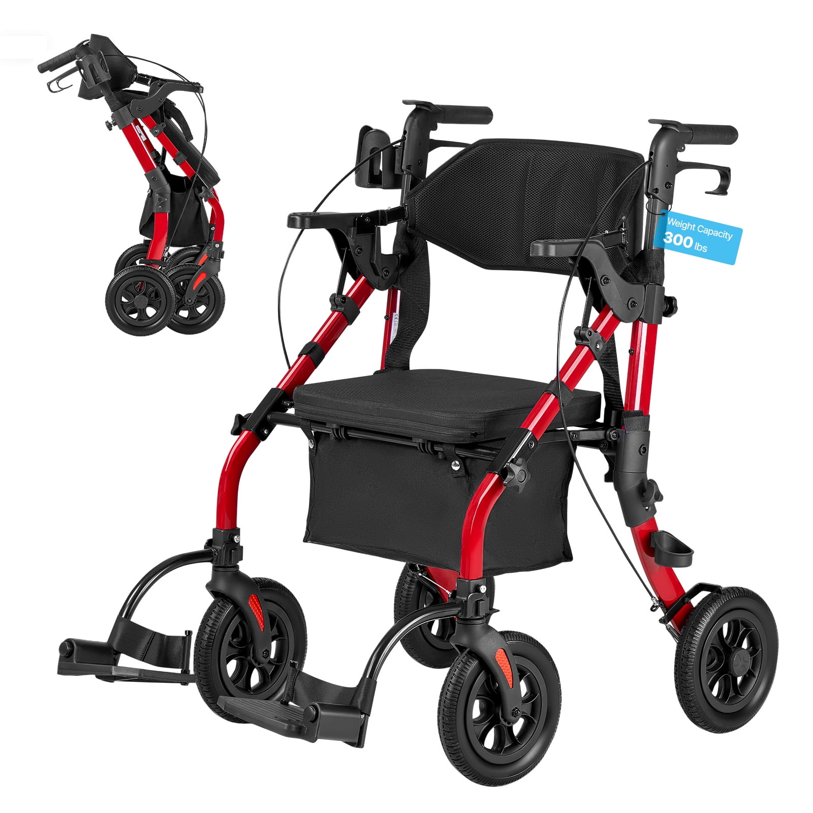VEVOR 2-in-1 Rollator Walker & Transport Chair for Seniors, Foldable Rolling Walker Wheelchair, Lightweight Aluminum Mobility Walking Aid with Solid PU Wheels, Cup & Cane Holder - Supports 300LBS