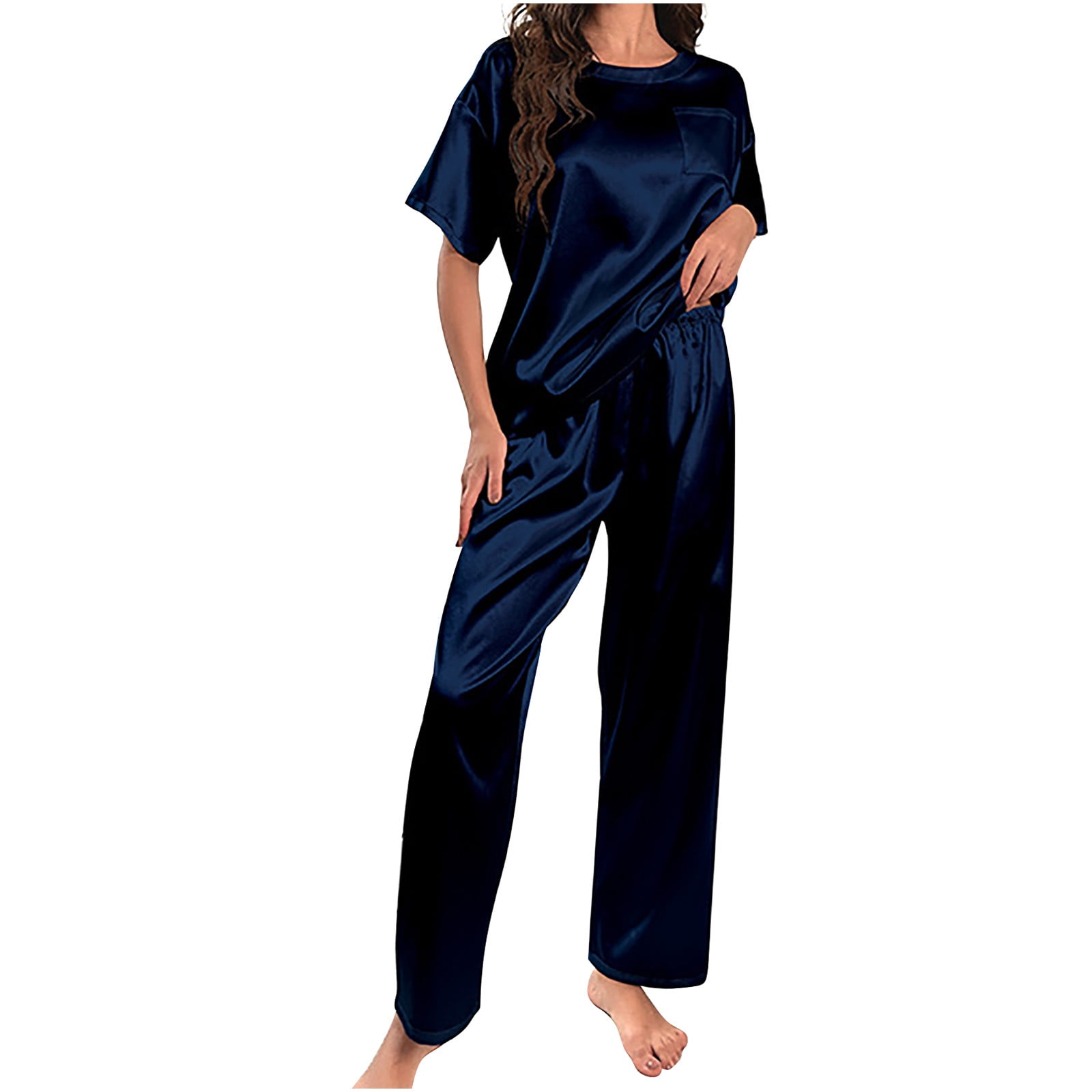 RQYYD Silk Pajamas for Women Pajama Set for Womens Satin Silky Pajama Set Short Sleeve Shirt