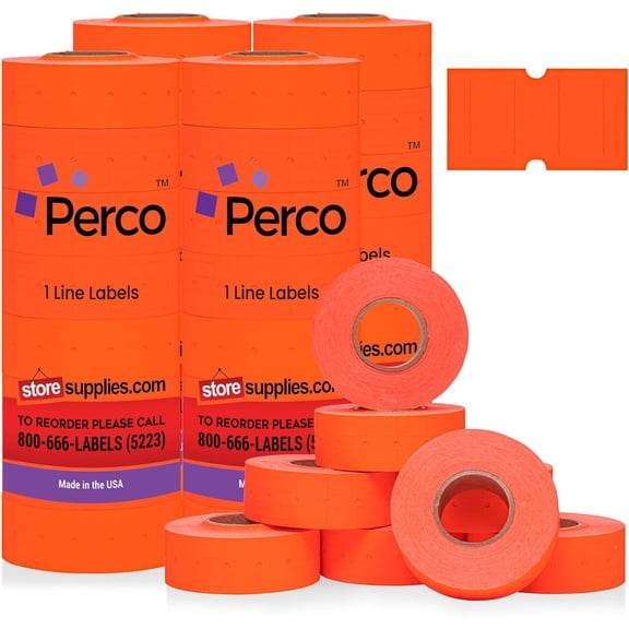 Perco 1 Line Fluorescent Red Labels - 32,000 Blank Price and Date Gun Labels for Perco Lite, X, Plus and Pro 1 Line Price and Date Guns- 32 Rolls, 4 Sleeves - Made in USA