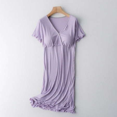 

Lilgiuy Women Plus Size Maternity Dress Solid V-neck Short Sleeve Breastfeeding Postpartum Pregnant Dress With Chest Pad Purple