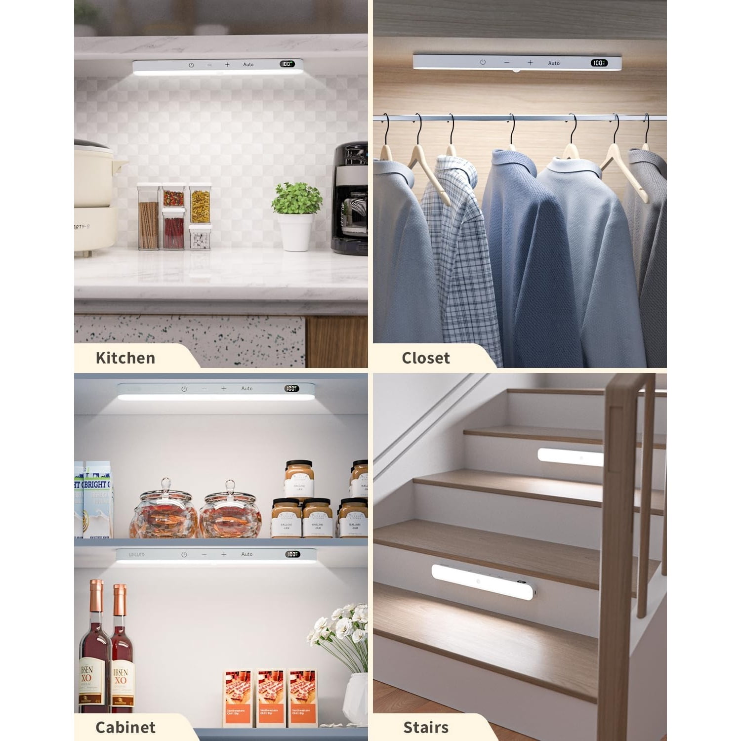 Motion Sensor Light Indoor, Battery Display, 60 LED Touch Light Bar, Under Cabinet Lights Rechargeable, Battery Operated Closet Light Wireless, Stick on Under Counter Lights for Kitchen(4 Pack)