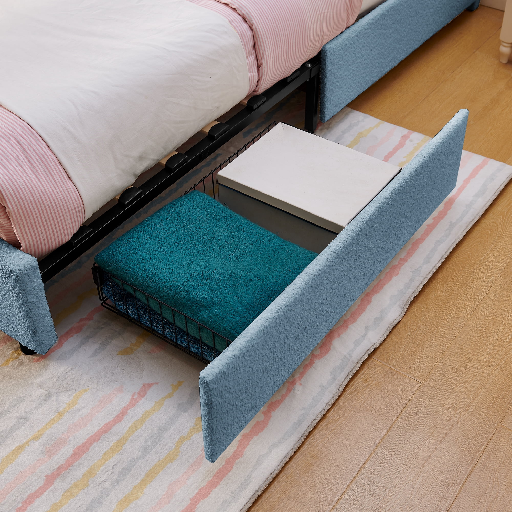 Avobird Twin Size Kids Upholstered Bed with Oversized Rabbit Ear Headboard, LED Light & 4 Storage Drawers, Boucle Fabric, Navy