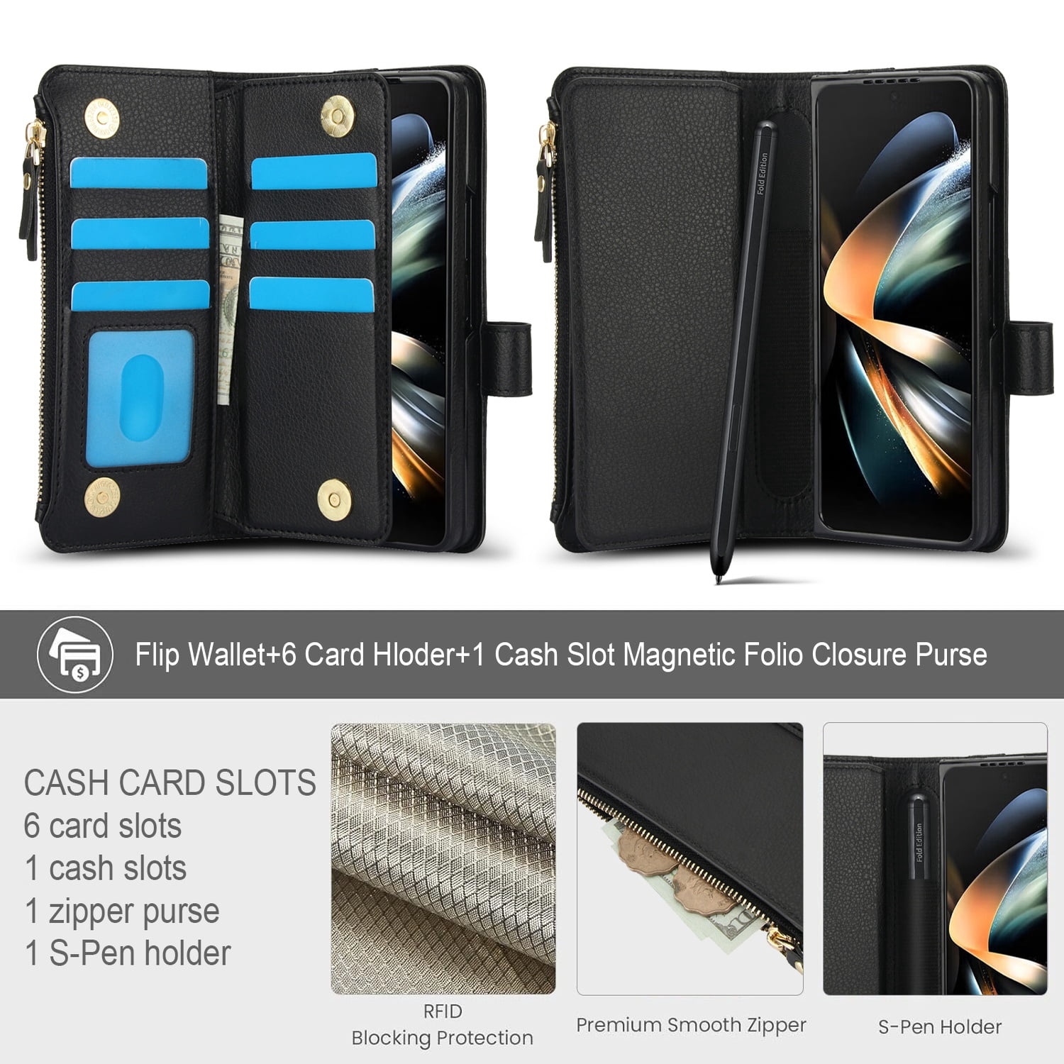 for Samsung Galaxy Z Fold 3 Wallet Case with S Pen Holder, Magnetic Closure with RFID Blocking ID Card Slots Zipper Purse PU Leather Flip Kickstand Lanyard Phone Case,Black