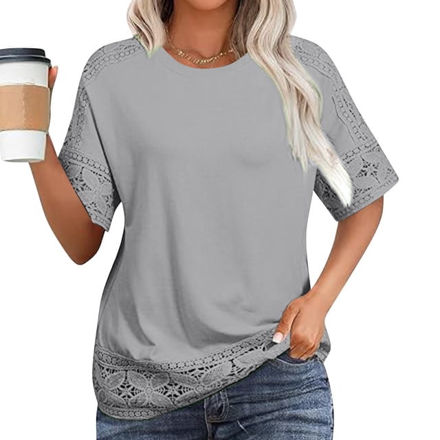 TACILIP Hauts en Lin pour Femmes, T-Shirts à Manches Courtes en Dentelle, Col Rond Décontracté, Blouses de Travail Décontractées, Tenues d'Été