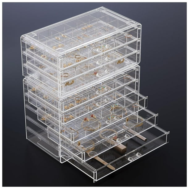 Caja Organizador Joyas Acrílico con Cajones, Joyero Grande Transparente Bandeja Apilable Alhajero Pendiente Arete Pulsera Collar Anillo Colgante Broches para Mujer Regalo -8 capas, Claro
