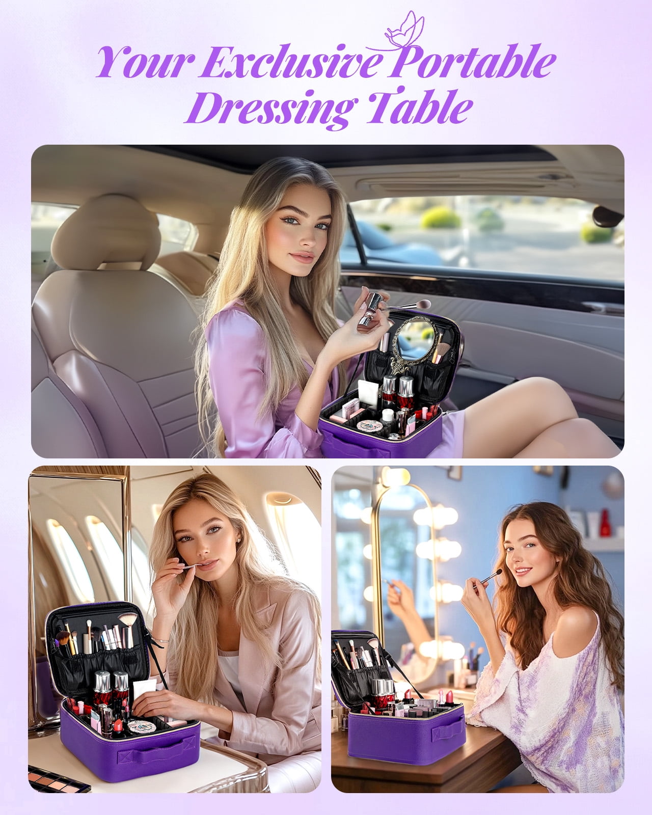 Makeup Bag with Mirror of LED Lighted, Travel Makeup Train Case with Adjustable Dividers, Portable Makeup Cosmetic Bag Organizer(Purple)