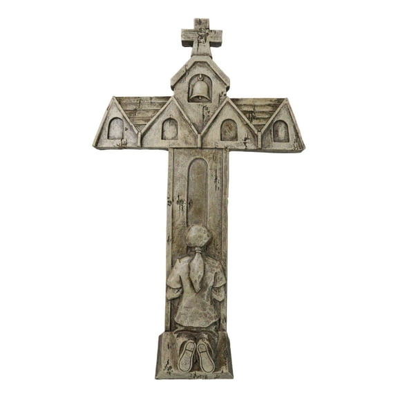 Rustic Faux Stone Church House of Prayer Kneeling Girl Confirmation Wall Cross