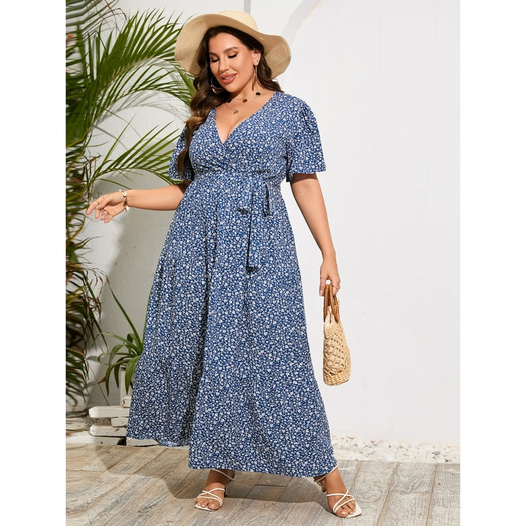 chinese dress ladies Blue floral Wrap Dress for Women
