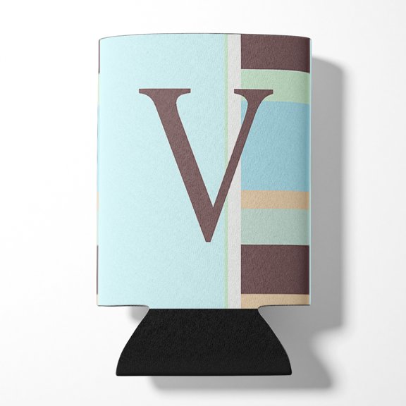 Letter V Initial Monogram - Blue Stripes Can or Bottle Beverage Insulator Hugger
