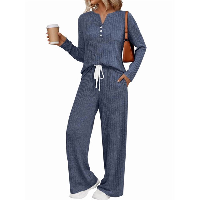 Womens 2 Piece Lounge Sets Fall Henley Neck Sweater Matching Sweat Suits Comfy Pajamas Clothes Pockets Navy Blue XXL