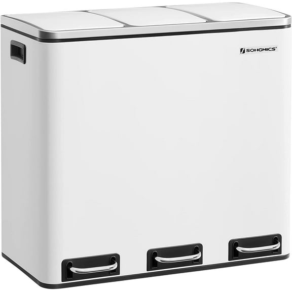 14.4 Gallon Trash Can Kitchen Garbage Can Recycle Bin with Soft-Close Lids Pedals and Inner Buckets for Kitchen Stainless Steel White