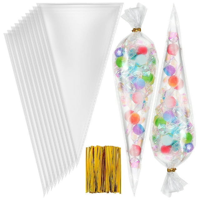 EeaseMX 1 juego de bolsas de celofán transparentes cónicas para dulces, bolsas de celofán con lazos.